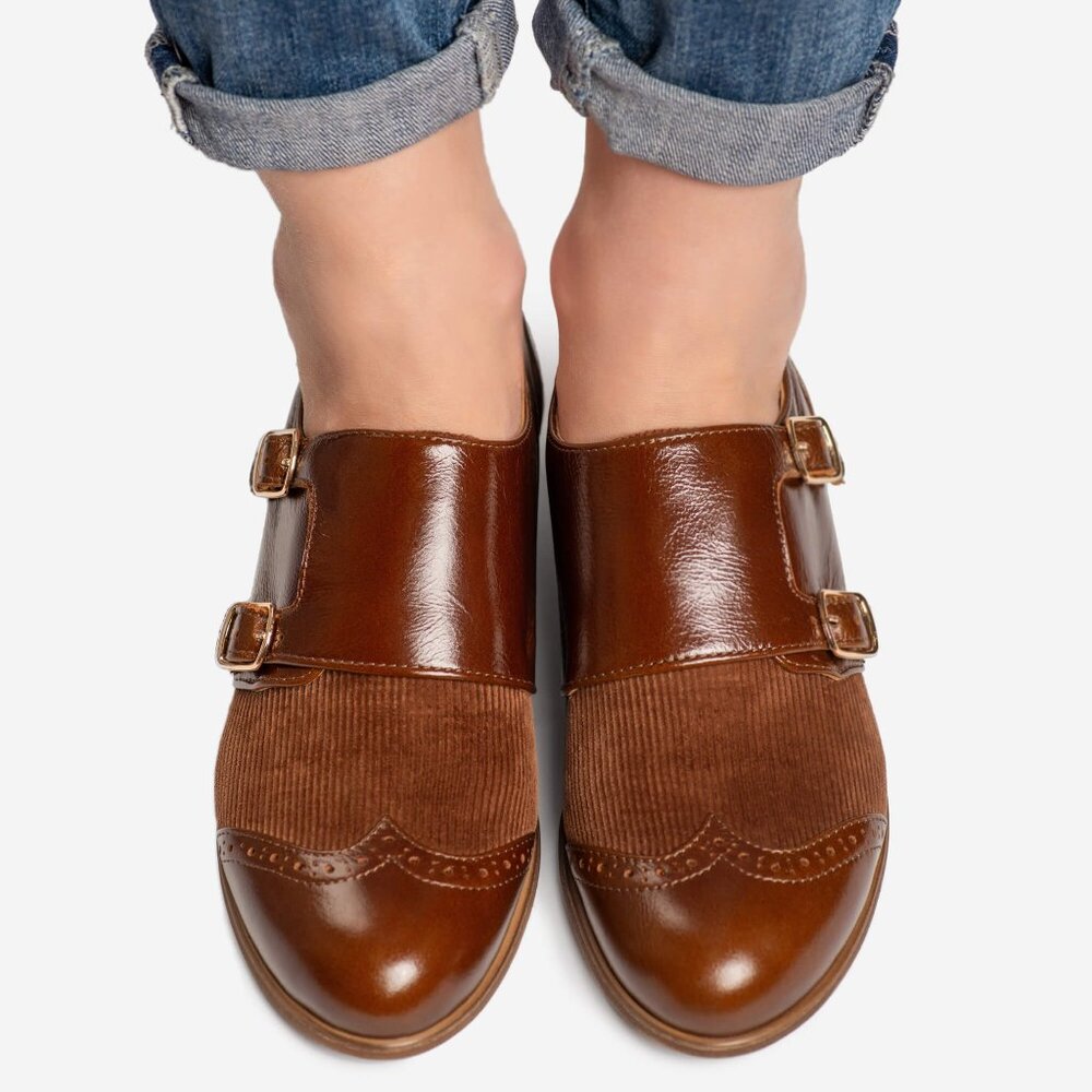 Women's Brown Monk Shoes, Classic Buckle Shoes with Tweed, EU 39/US 8.5